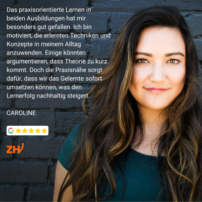 Junge Frau mit freundlichem Gesichtsausdruck, darüber eingeblendet ihre begeisterte Rückmeldung zum NLP-Seminar.