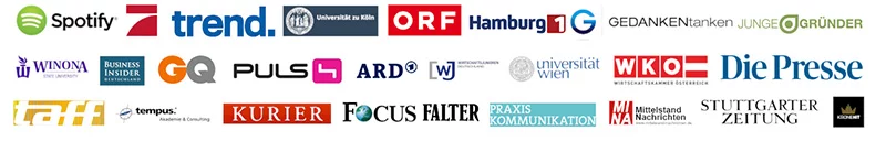 Firmenlogos von Medienpartnern: Spotify, Trend, ORF, GQ, Kurier, Focus, ARD, WKO.