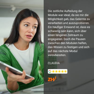 Junge Frau mit freundlichem Gesichtsausdruck, darüber eingeblendet ihre begeisterte Rückmeldung zum NLP-Seminar.